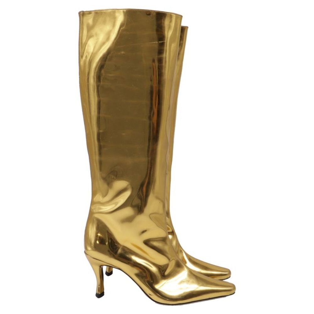 By Far Pointed-Toe Knee-High Boots in Metallic Gold Leather